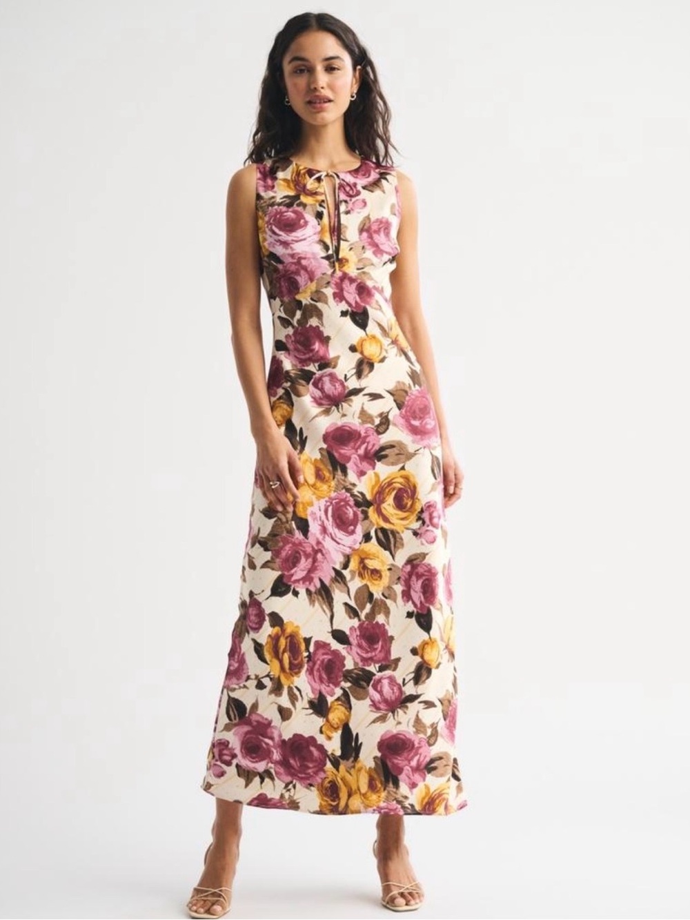 Abercrombie & Fitch Silky Floral Tie-Neck Maxi Dress